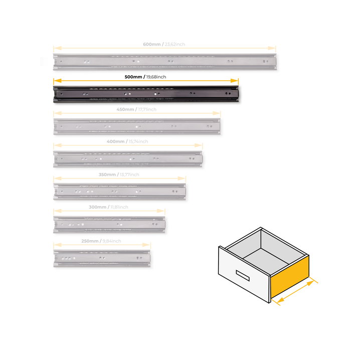 Emuca Lote de 5 juegos de guías para cajones, de bolas, altura 45mm, profundidad 500mm, extracción total, Negro