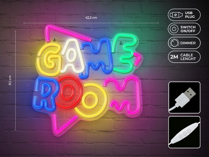 Forever Lámpara Neon Plexi LED Decoración Game Room - Luz Multicolor, Regulador de Intensidad, Alimentación por USB, Incluye Soporte para Pared