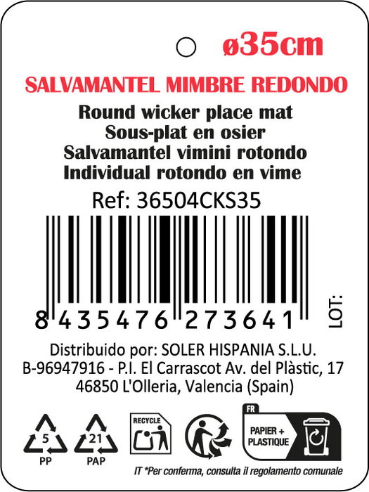 Privilege Salvamanteles Redondo de Mimbre, Diámetro 35 cm, Colección Korne, Ideal para Mesa y Decoración (16 Unidades)