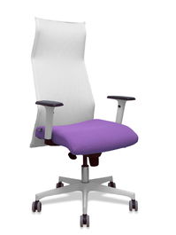 Sillón Albacete con mecanismo Sincro tapizada con Tela color Lila y malla color Blanco. Equipado con Base poliamida blanca, Brazos 1D y Ruedas 65 mm parqué