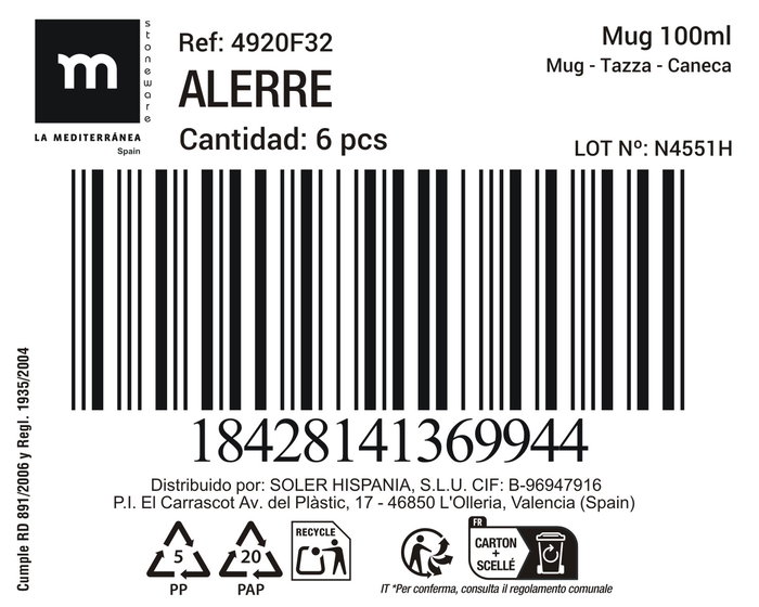 La Mediterranea Mug 'Alerre' - Taza Cerámica 100 ml - Ø 6.5 x 7.7 cm (36 Unidades)