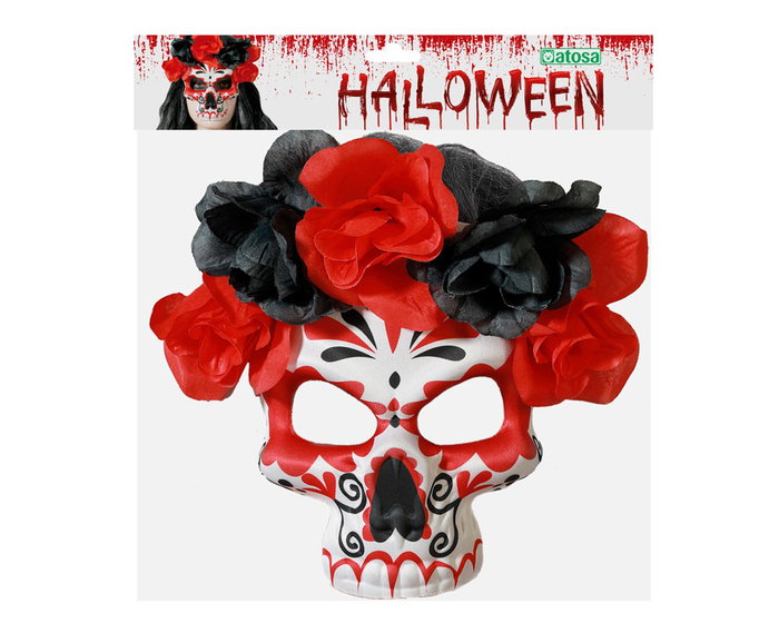 Máscara Calavera Rojo y Negro con Flores Día de los Muertos Halloween Catrina Máscara Calavera Rojo y Negro con Flores Día de los Muertos Halloween Catrina