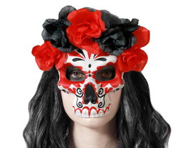 Máscara de Calavera Rojo y Negro con Flores para Catrina