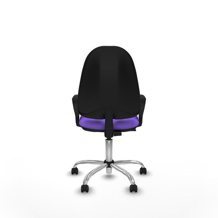 Silla de oficina Algarra con mecanismo Contacto permanente básico tapizada con Tela color Lila. Equipada con Base cromada, Brazos fijos y Ruedas de parqué