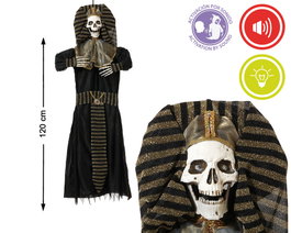 Decoración colgante esqueleto faraón con traje egipcio, 120 cm, con luz y sonido activado por ruido, ideal para Halloween y fiestas temáticas
