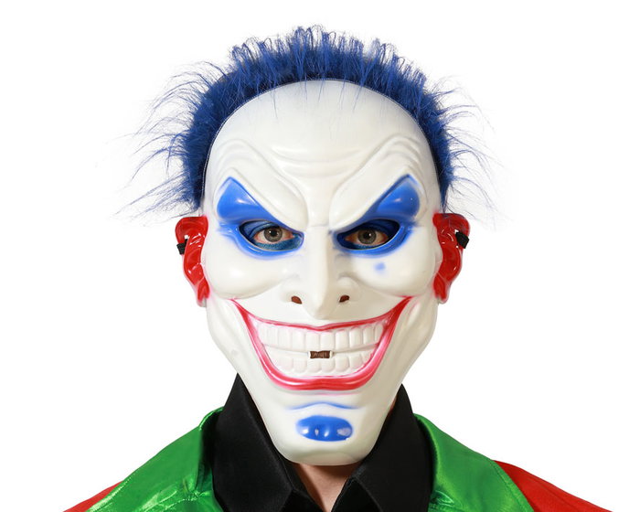 Atosa Máscara de Payaso Blanca con Pelo Azul y Detalles en Rojo y Azul Atosa Máscara de Payaso Blanca con Pelo Azul y Detalles en Rojo y Azul
