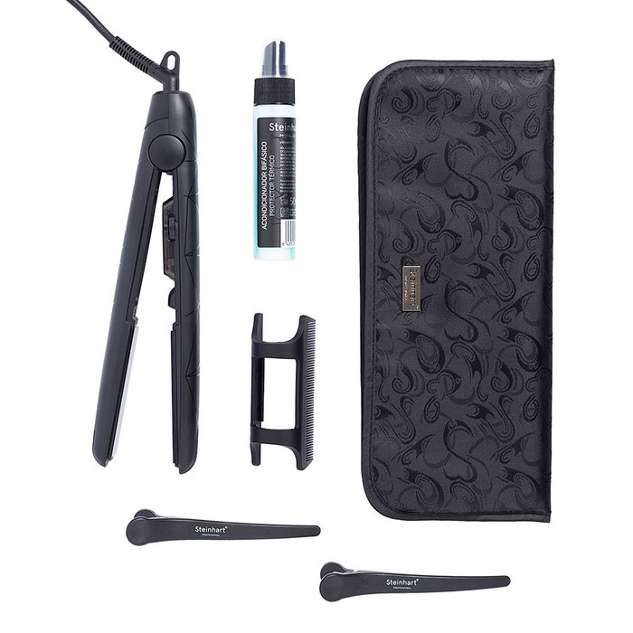 Steinhart CARBON PRO Plancha de Pelo Profesional con Placas de Cerámica, Aceite de Argán y Keratina, Tecnología Iónica, Acabado Brillante y Liso, Incluye Accesorios