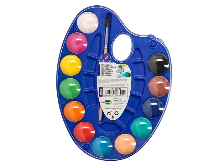 Liderpapel Acuarela de 12 colores con pincel, depósito y paleta de plástico Liderpapel Acuarela de 12 colores con pincel, depósito y paleta de plástico
