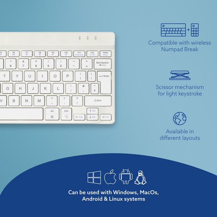 R-Go Tools Teclado Ergonómico Compacto Break, Bluetooth, QWERTY UK, Blanco con Software de Descanso