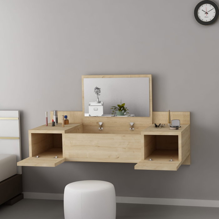Hanah Home Sapphire Oak Mesa de Maquillaje Moderna Escandinava con Espejo Fijación a Pared 100x33x39.1cm Roble Zafiro