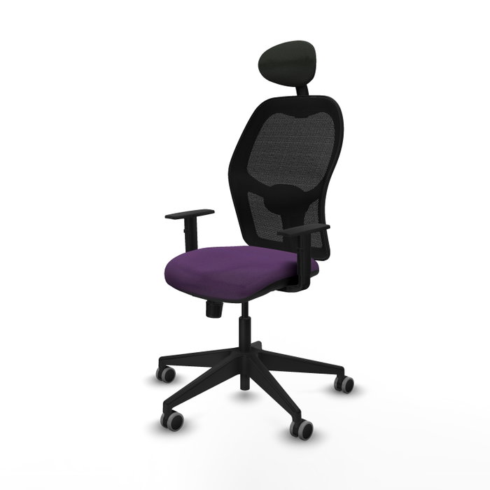 Silla de oficina Alocén con mecanismo Sincro tapizada con Tela color Morado y malla color Negro. Equipada con lumbar 1D, Brazos 1D, Cabecero Fijo y Ruedas 65 mm parqué