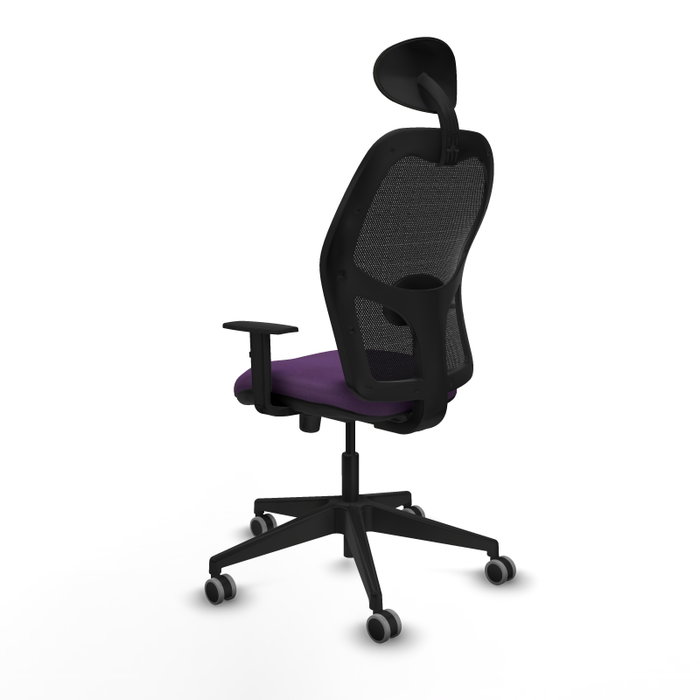 Silla de oficina Alocén con mecanismo Sincro tapizada con Tela color Morado y malla color Negro. Equipada con lumbar 1D, Brazos 1D, Cabecero Fijo y Ruedas 65 mm parqué