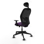 Silla de oficina Alocén con mecanismo Sincro tapizada con Tela color Morado y malla color Negro. Equipada con lumbar 1D, Brazos 1D, Cabecero Fijo y Ruedas 65 mm parqué