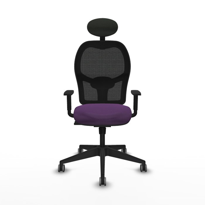 Silla de oficina Alocén con mecanismo Sincro tapizada con Tela color Morado y malla color Negro. Equipada con lumbar 1D, Brazos 1D, Cabecero Fijo y Ruedas 65 mm parqué