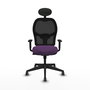 Silla de oficina Alocén con mecanismo Sincro tapizada con Tela color Morado y malla color Negro. Equipada con lumbar 1D, Brazos 1D, Cabecero Fijo y Ruedas 65 mm parqué