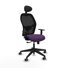 Silla de oficina Alocén con mecanismo Sincro tapizada con Tela color Morado y malla color Negro. Equipada con lumbar 1D, Brazos 1D, Cabecero Fijo y Ruedas 65 mm parqué