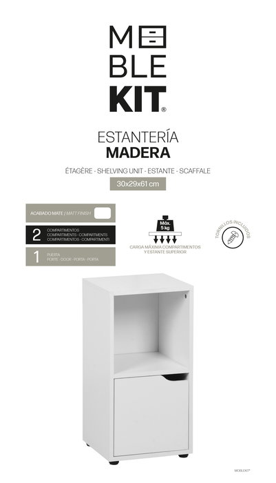 Inde Estantería Cubo 2 Compartimentos con 1 Puerta Mueble Kit, Blanco, 30x29x61 cm (2 Unidades)
