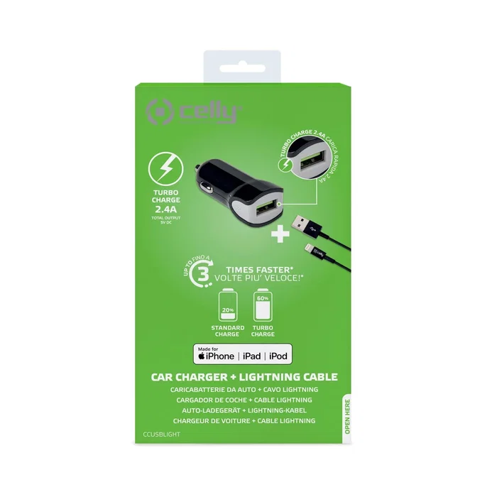 Celly CCUSBLIGHT Cargador de Coche USB para iPhone con Cable Lightning, Salida 2.4A, Negro, para Encendedor de Cigarrillos