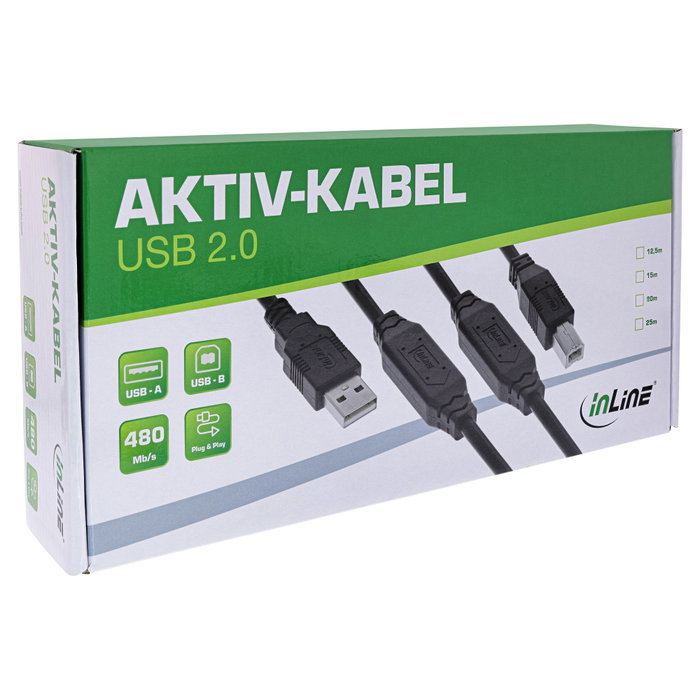 InLine 34512A Cable USB 2.0 con amplificación de señal, 15m, USB A a USB B