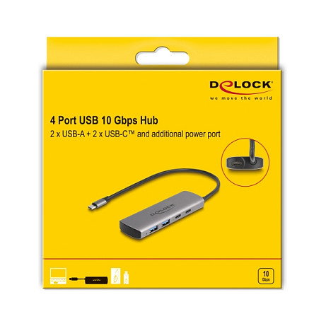 DeLOCK 64299 Hub USB 3.2 10 Gbps con 2 Puertos USB-A y 2 Puertos USB-C, Alimentación por USB-C, Cable de 0.3m, Color Gris Metal