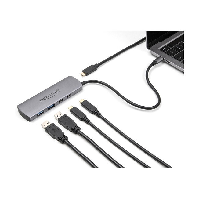 DeLOCK 64299 Hub USB 3.2 10 Gbps con 2 Puertos USB-A y 2 Puertos USB-C, Alimentación por USB-C, Cable de 0.3m, Color Gris Metal