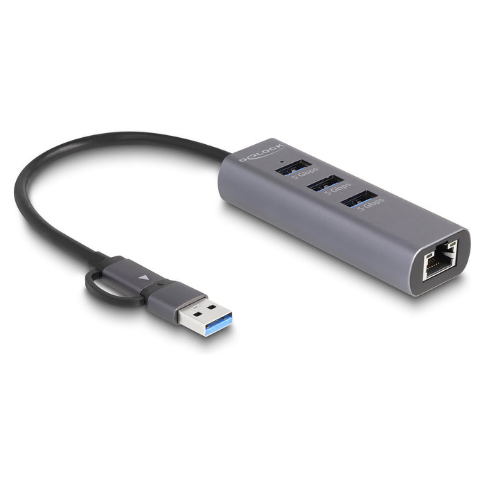 DeLOCK Concentrador USB 3 Puertos USB 3.2 Gen 1 5 Gbps con Puerto LAN Gigabit RJ-45, Conector USB Type-C o Tipo-A, Carcasa Metálica, Plug and Play, Gris