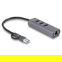 DeLOCK Concentrador USB 3 Puertos USB 3.2 Gen 1 5 Gbps con Puerto LAN Gigabit RJ-45, Conector USB Type-C o Tipo-A, Carcasa Metálica, Plug and Play, Gris