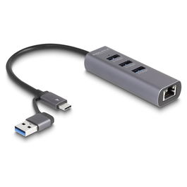 DeLOCK Concentrador USB 3 Puertos USB 3.2 Gen 1 5 Gbps con Puerto LAN Gigabit RJ-45, Conector USB Type-C o Tipo-A, Carcasa Metálica, Plug and Play, Gris
