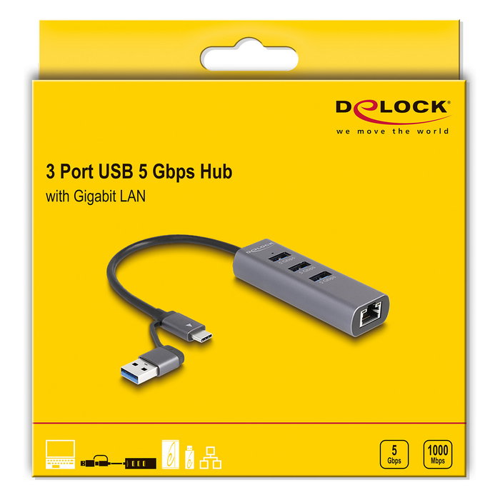 DeLOCK Concentrador USB 3 Puertos USB 3.2 Gen 1 5 Gbps con Puerto LAN Gigabit RJ-45, Conector USB Type-C o Tipo-A, Carcasa Metálica, Plug and Play, Gris
