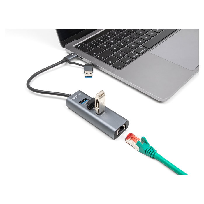 DeLOCK Concentrador USB 3 Puertos USB 3.2 Gen 1 5 Gbps con Puerto LAN Gigabit RJ-45, Conector USB Type-C o Tipo-A, Carcasa Metálica, Plug and Play, Gris
