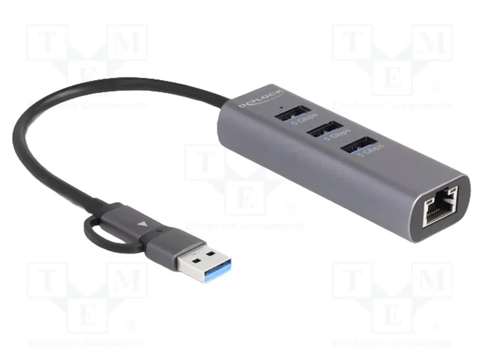DeLOCK Concentrador USB 3 puertos 5 Gbps + LAN Gigabit 64282 Gris