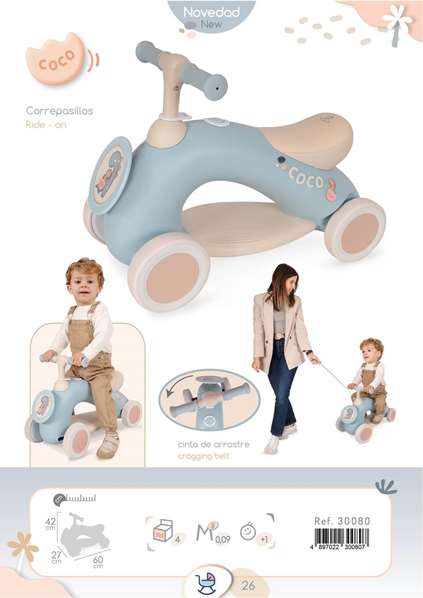Decuevas Mi Primer Correpasillos Coco con Ruedas de Goma y Cinta de Arrastre 60x27x42 cm