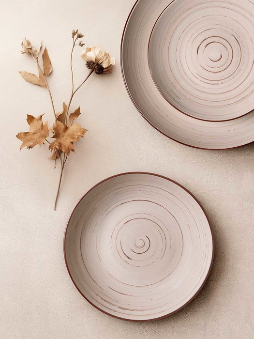 Vessia Set Vajilla 12 Piezas Espiral Tierra Loza Marrón 28x29x19.5cm con Platos de 27cm y 19cm (Set de 2)