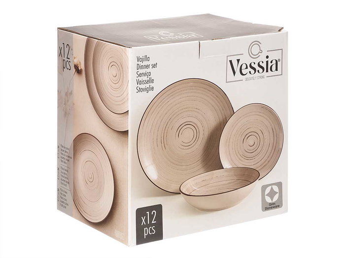 Vessia Set Vajilla 12 Piezas Espiral Tierra Loza Marrón 28x29x19.5cm con Platos de 27cm y 19cm (Set de 2)