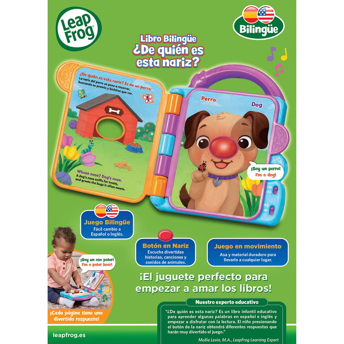 Leap Frog Libro Bilingüe ¿De Quién Será Esta Nariz? Libro Interactivo de Sonidos y Canciones de Animales en Español e Inglés con Botón para Aprender 80-620747