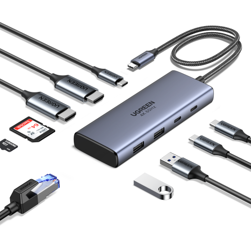 UGREEN Hub USB-C 7 en 1 CM498 Base Gris con 2xHDMI 4K 60Hz, 2xUSB-A 10Gbps, 2xUSB-C 10Gbps, PD 100W, Aluminio