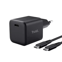 Trust Cargador de Pared GaN 65W Ultrareducido con Carga Rápida PD 3.0, Puerto USB Tipo-C Negro, Cable USB Tipo-C 2m Incluido, Ref 26046
