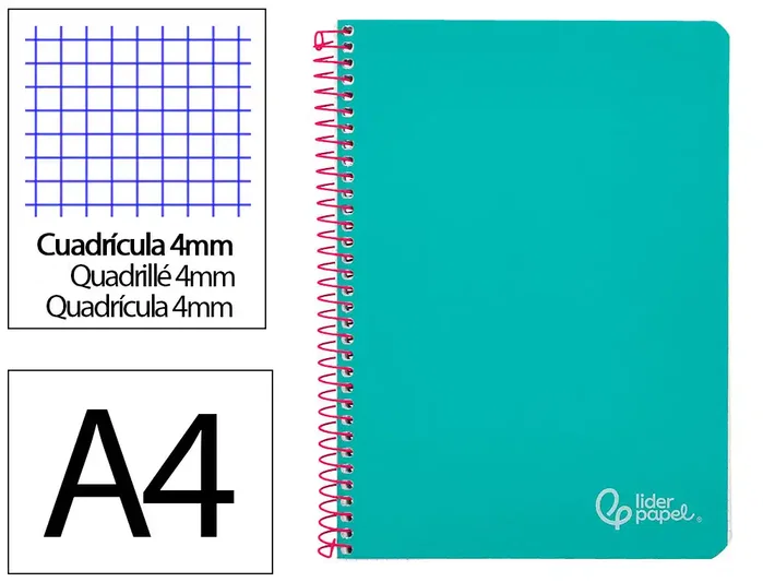 Liderpapel Cuaderno Espiral Witty A4 Tapa Dura 80 Hojas 90g Cuadro 4mm con Margen Turquesa Liderpapel Cuaderno Espiral Witty A4 Tapa Dura 80 Hojas 90g Cuadro 4mm con Margen Turquesa