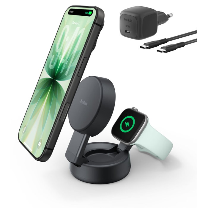Belkin Ultracharge 25W Qi2 Compact 2 en 1 para Teléfono y Reloj, Charcoal Belkin Ultracharge 25W Qi2 Compact 2 en 1 para Teléfono y Reloj, Charcoal