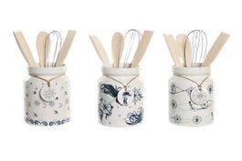DKD Home Decor Stella Maris Bote Utensilios Azul Blanco Dolomita Metal MDF 12 x 25 x 12 cm Set 5 uds