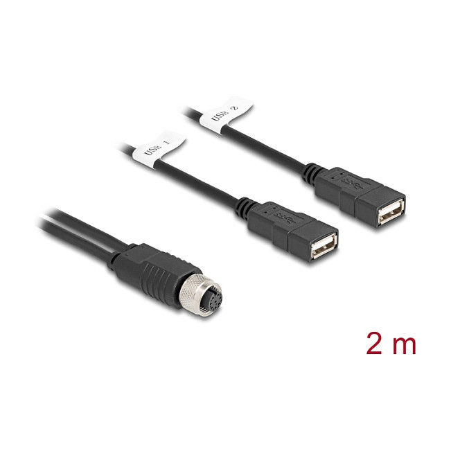 DeLOCK 60291 Cable M12 de 8 pines a 2 x USB 2.0 Tipo-A, 2 m, Negro