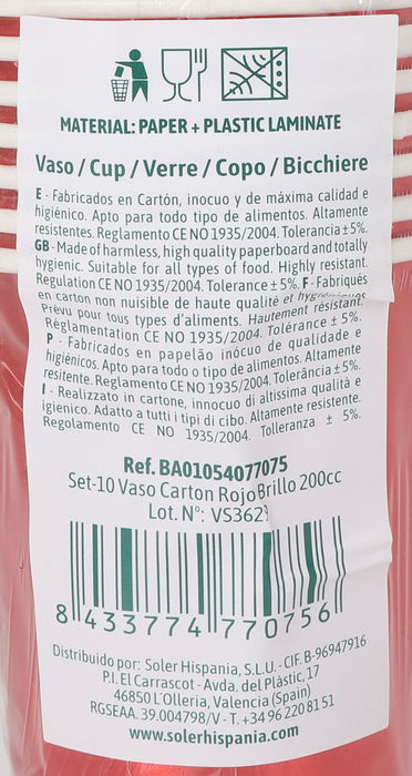 Algon Set 10 Vasos Cartón Rojo Brillo 200cc (18 Unidades)