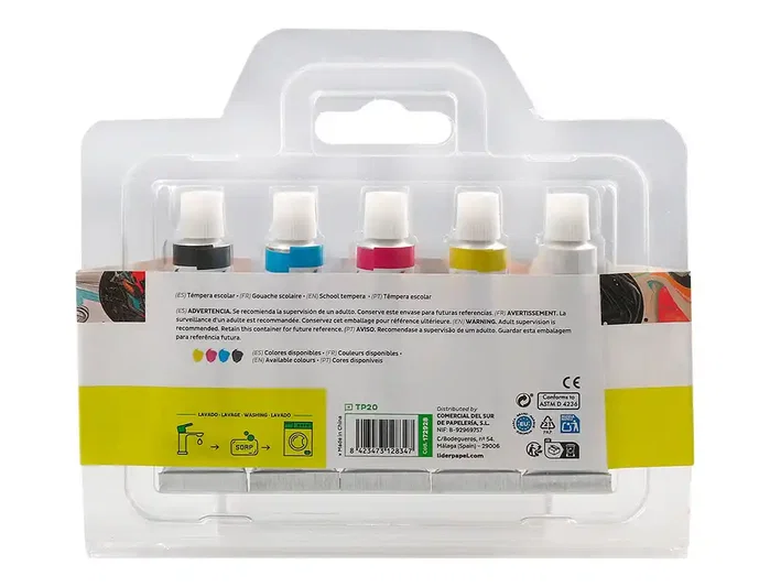 Liderpapel Témpera en tubo de aluminio de 12 ml, estuche de 5 tubos colores primarios