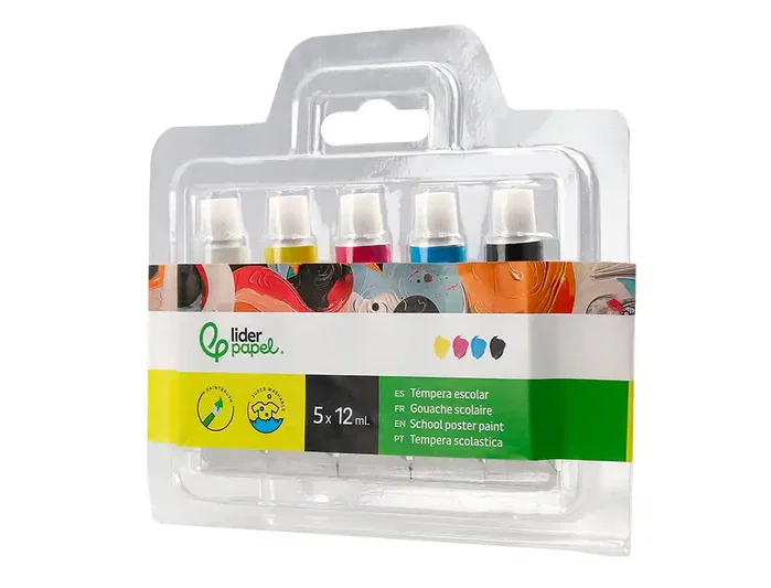 Liderpapel Témpera en tubo de aluminio de 12 ml, estuche de 5 tubos colores primarios