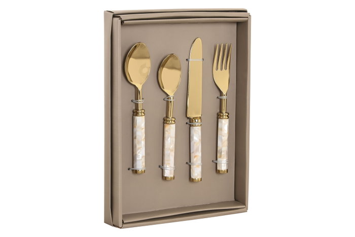 DKD Home Decor Set de Cubertería Nacar 16 Piezas Blanco y Dorado