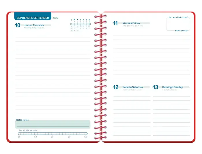 Liderpapel Agenda Escolar 2026-2027 Espiral Classic, Día Página A5, Interior Bilingüe, Papel FSC 70g, Color Rojo