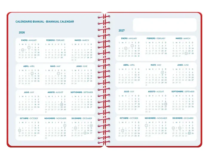 Liderpapel Agenda Escolar 2026-2027 Espiral Classic, Día Página A5, Interior Bilingüe, Papel FSC 70g, Color Rojo