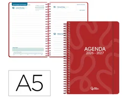Liderpapel Agenda Escolar 2026-2027 Espiral Classic, Día Página A5, Interior Bilingüe, Papel FSC 70g, Color Rojo