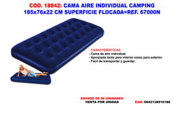 Colchón de aire individual para camping flocada 185x76x22 cm