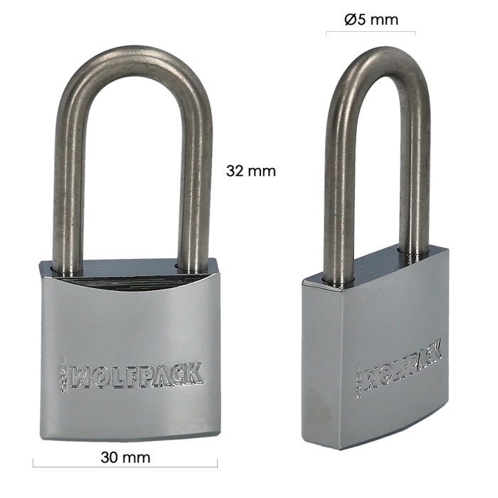 WOLFPACK LINEA PROFESIONAL Candado Inoxidable Arco Largo 30mm